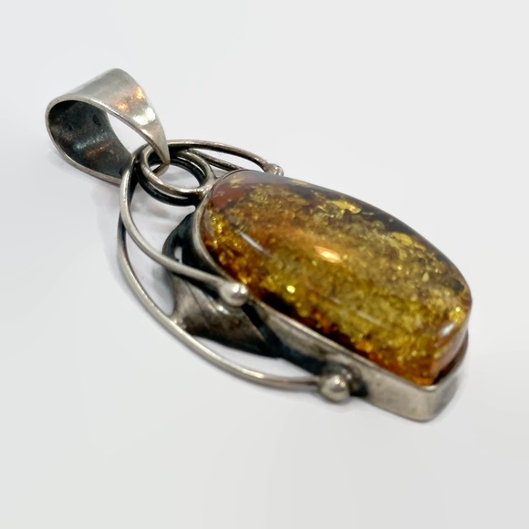 Amber Pendant, Sterling Silver, Large Stone, Modern, Unique, Contemporary - Picture 3 of 5